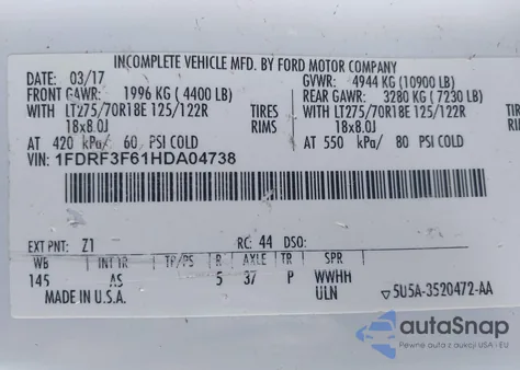 2017 Ford F-350 Chassis z USA, uszkodzony, nr VIN 1FDRF3F61HDA04738